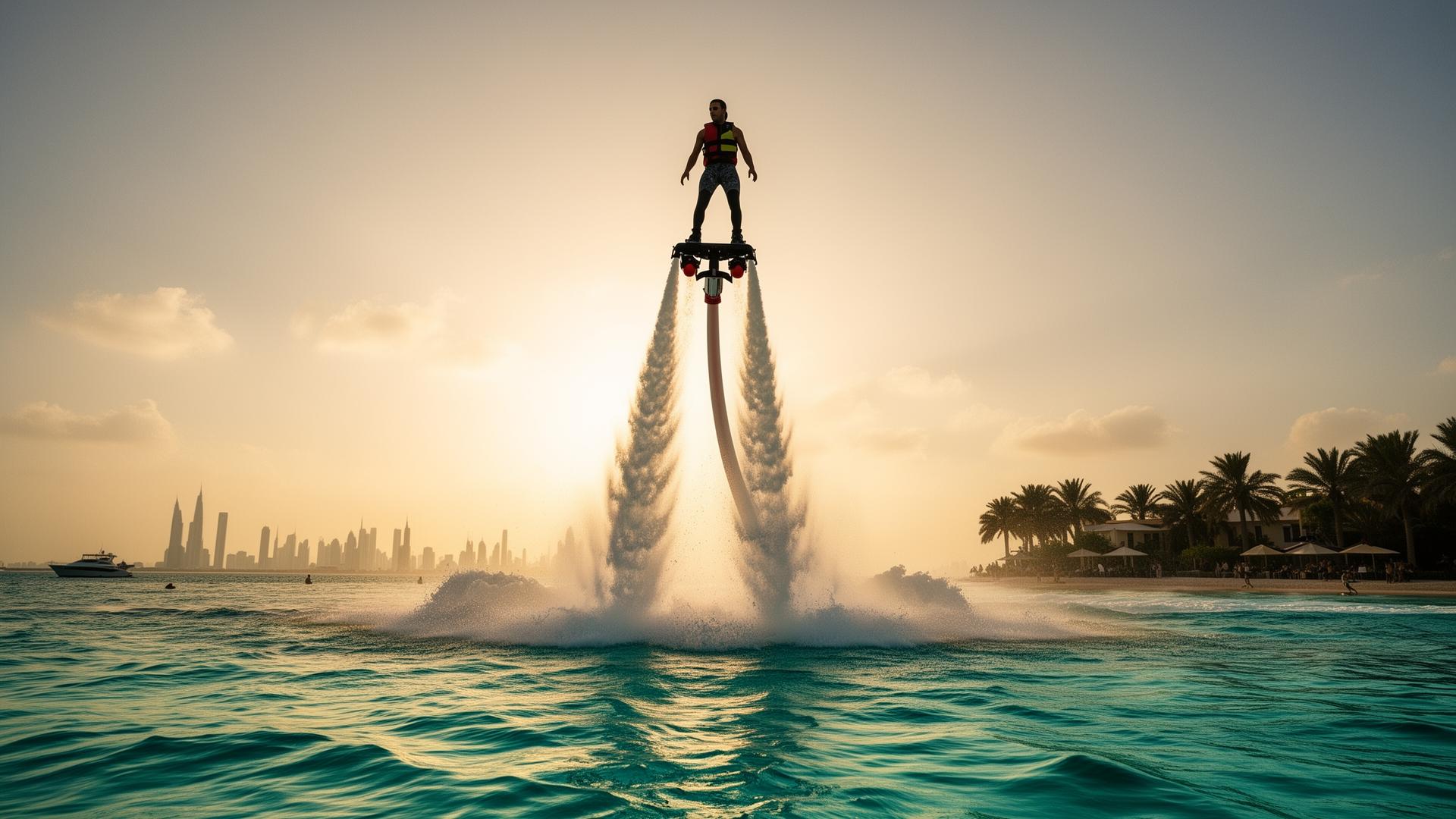 Flyboarder suspenso sobre o mar com hidrojato em Porto de Galinhas ao pôr do sol