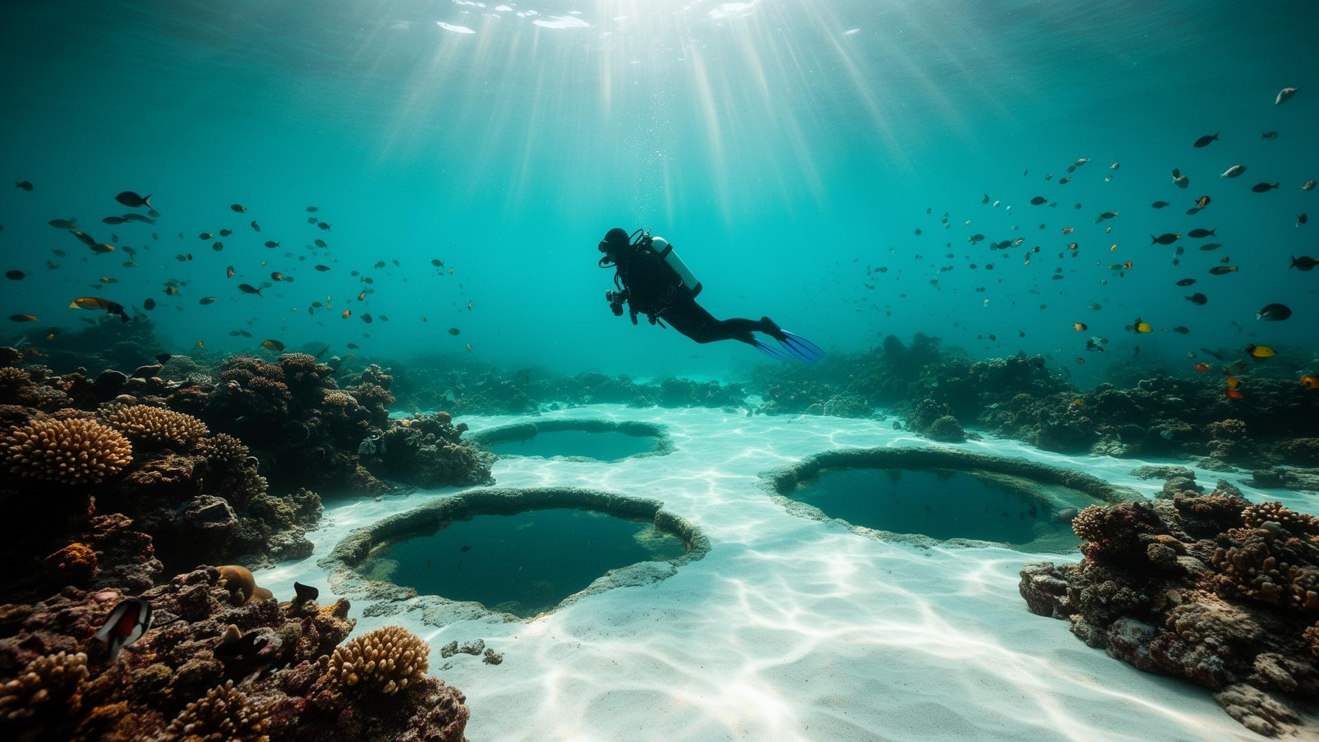 Mergulhador silhuetado sobre recifes de coral em águas turquesa de Porto de Galinhas